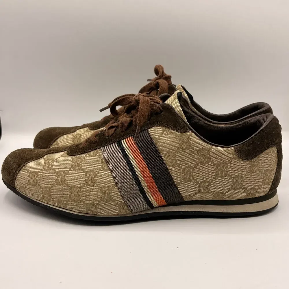 GUCCI GG Monogram Canvas Brown Suede Orange Web Lace Sneakers Sz 9G 9.5 US $995